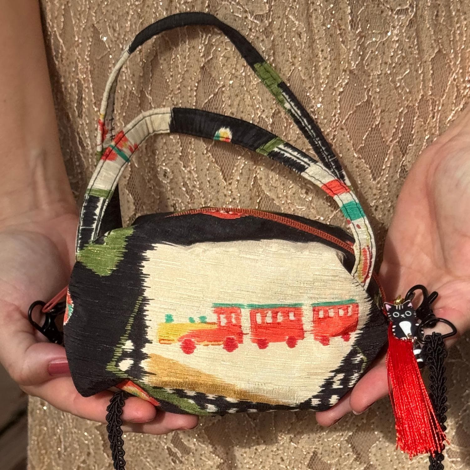 Japanese Makeup Bag Purse Black Toy Print Kimono Fabric Kyoto