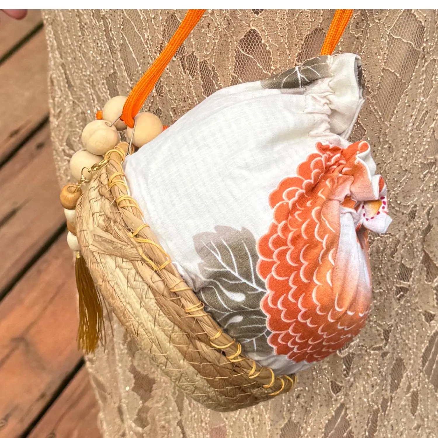 Japanese Kinchaku Purse Kimono Orange Basket Fabric Kyoto Drawstring Yukata OOAK