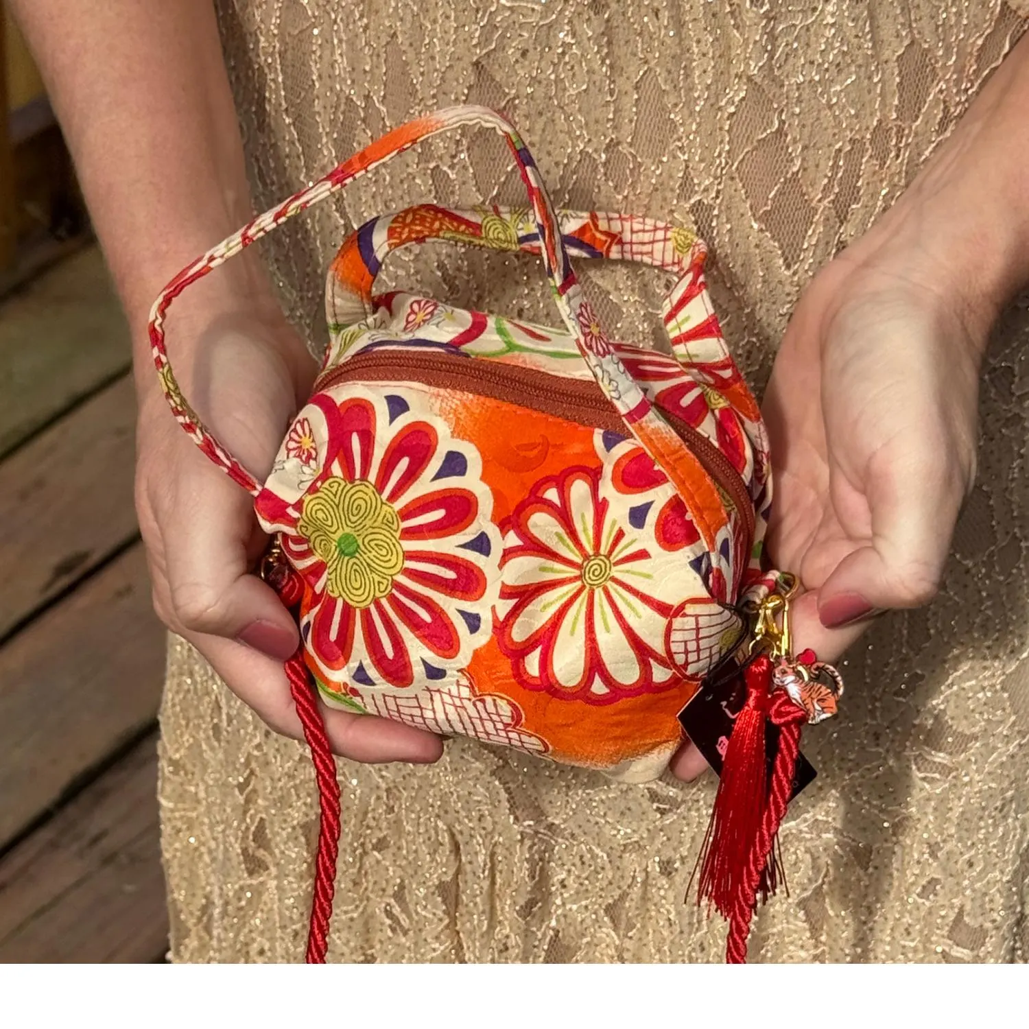 Japanese Makeup Bag Purse Orange Floral Kimono Fabric Kyoto