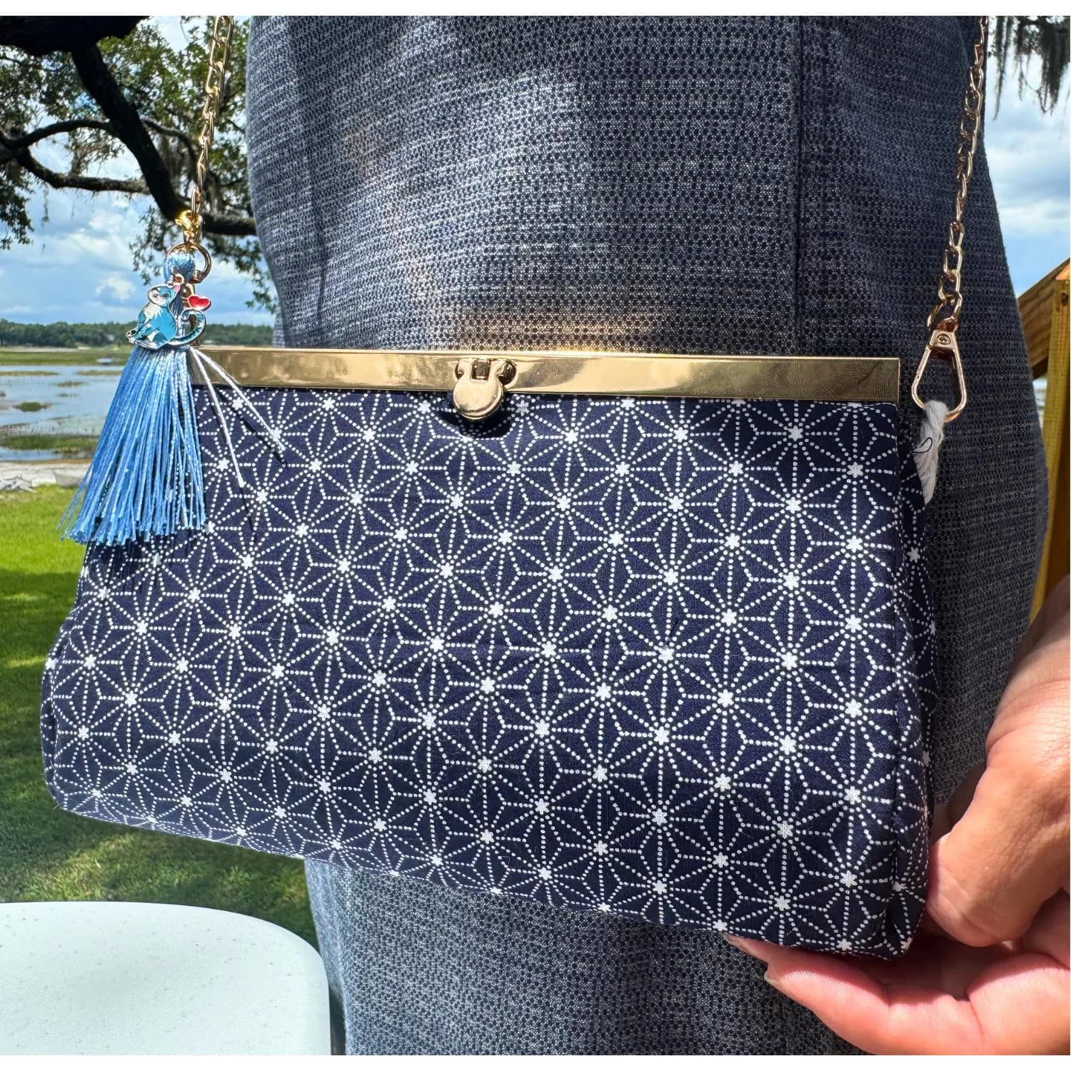 Indigo Blue Asanoha Crossbody Bag with Gold Bar Frame, Japanese Clutch, Navy Patterned Purse