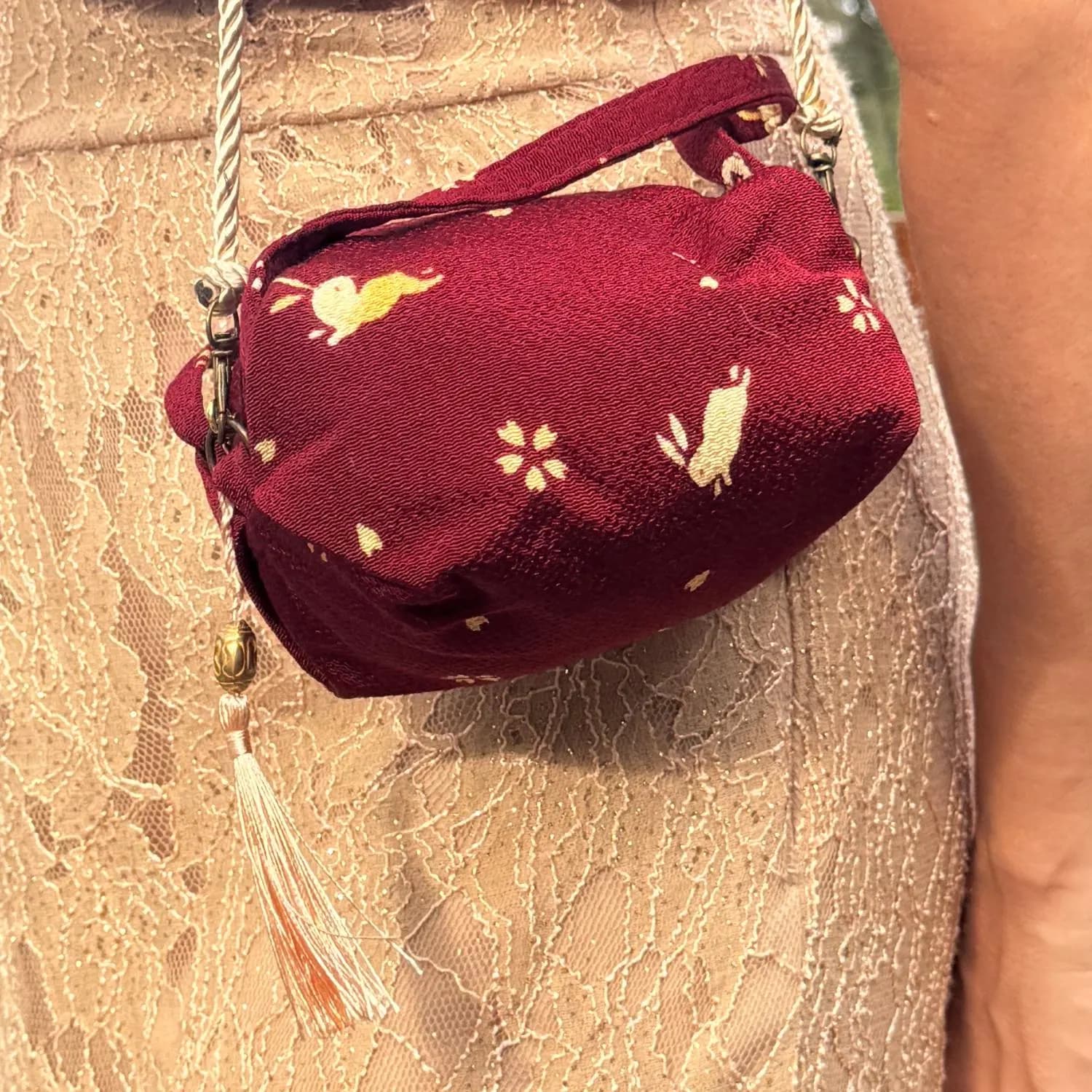 Japanese Makeup Bag Purse Burgundy Rabbit Kimono Fabric Kyoto