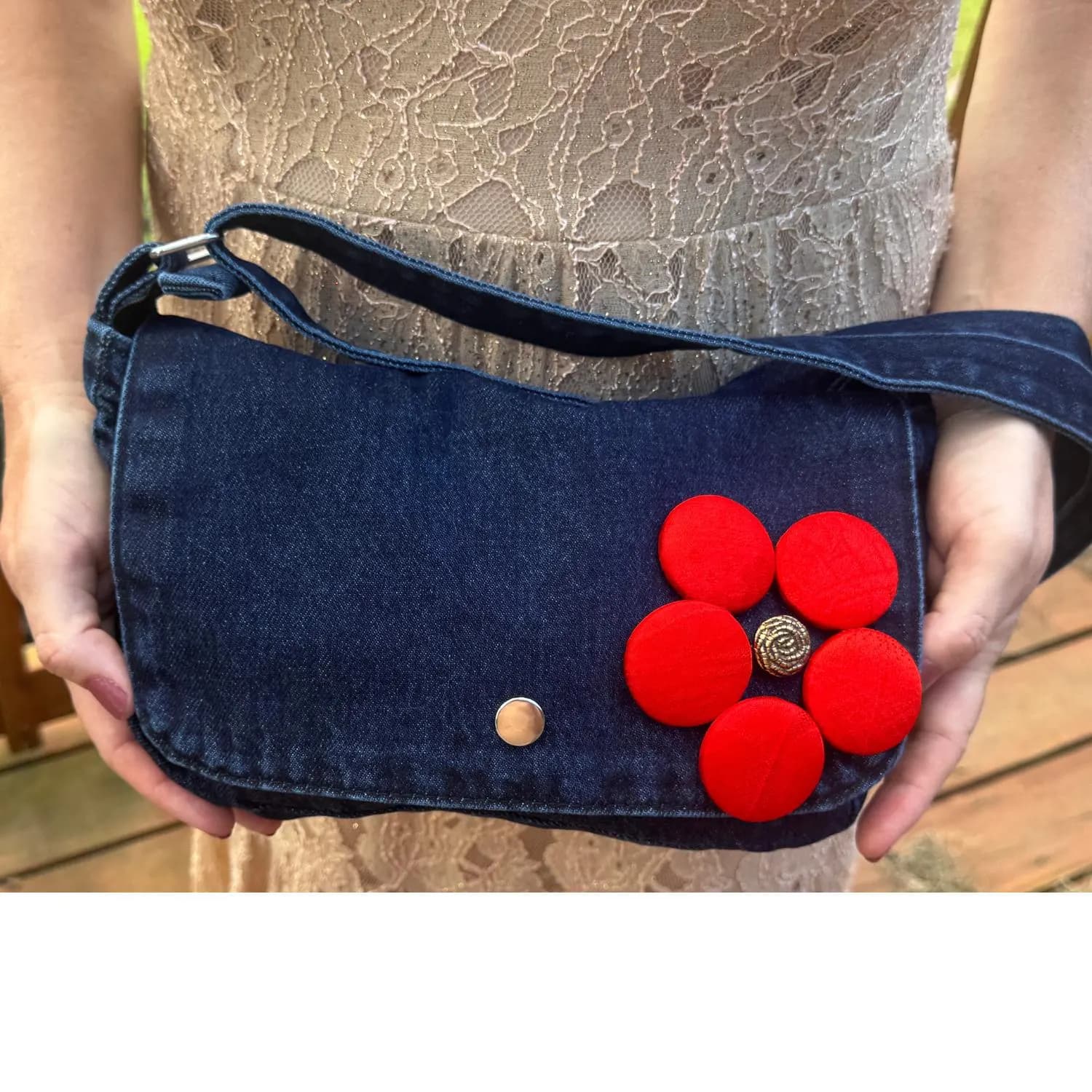 Denim Shoulder Crossbody Bag Purse, Japanese Kimono Silk Buttons Sakura