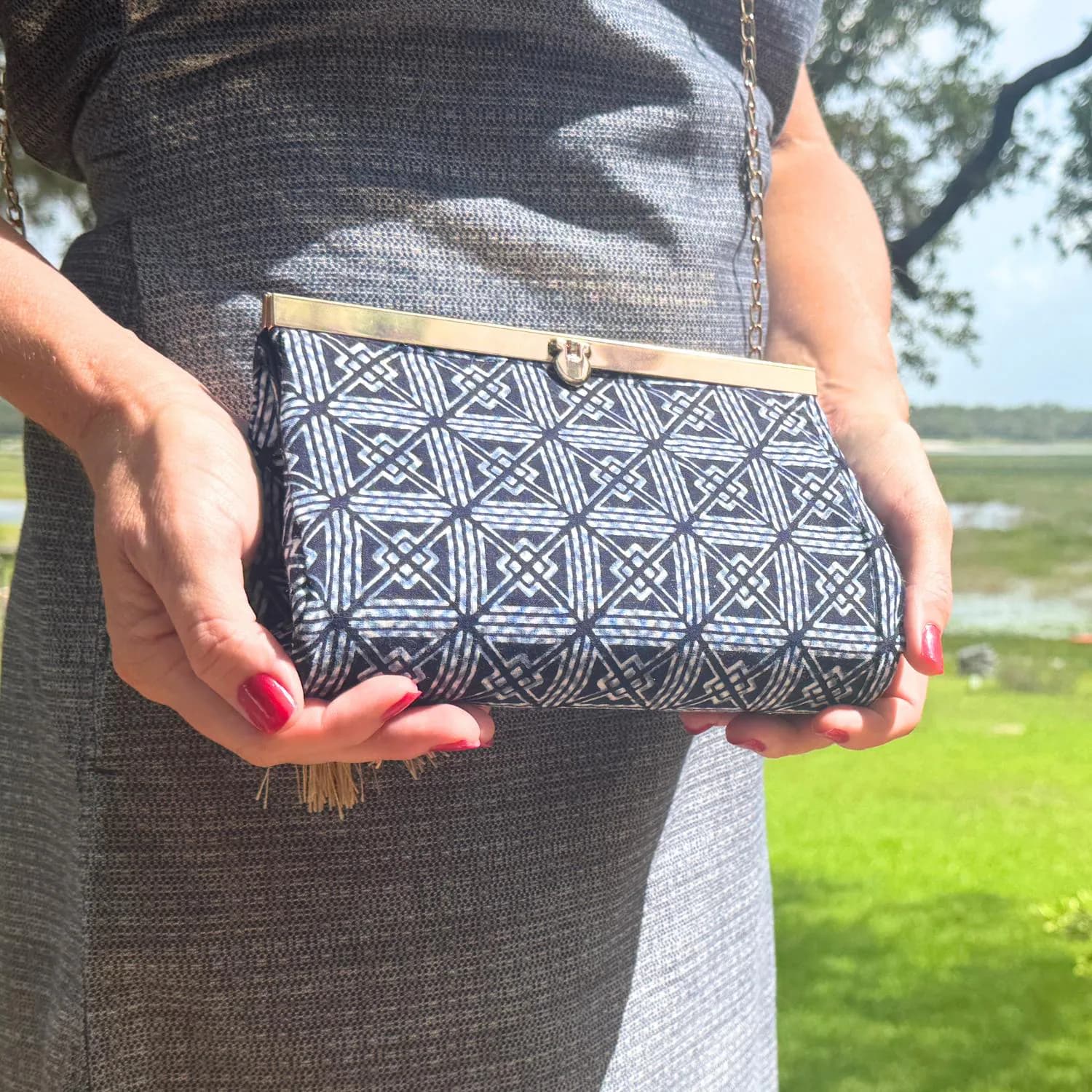 Indigo Blue Geometric Kasuri Pattern Clutch, Japanese Koshi Lattice Cotton Purse, Crossbody Chain Bag