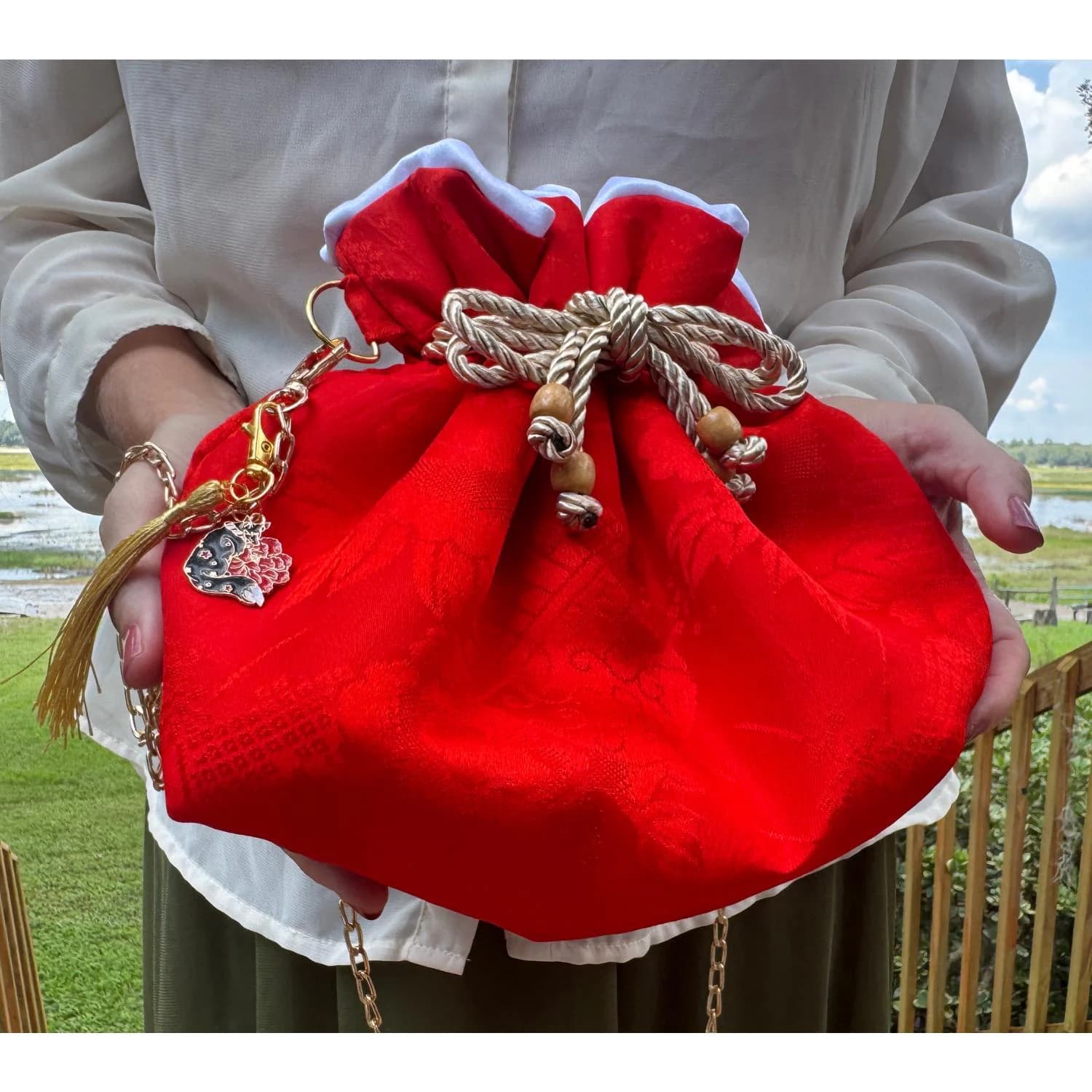 Red Silk Kinchaku Bag Upcycled Japanese Nagajuban Drawstring Crossbody Purse Slouch Pouch